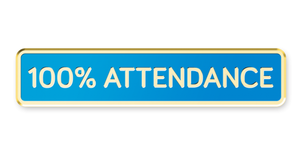 100/% Attendance Pin Badge in Yellow Enamel Shield